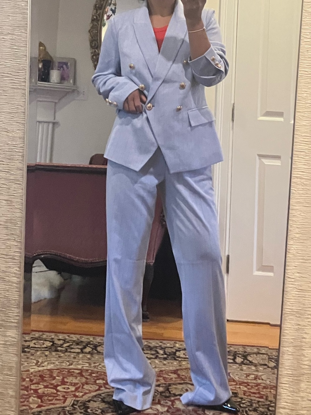 Women's Double-Breasted Light Blue Blazer & Trousers Suit